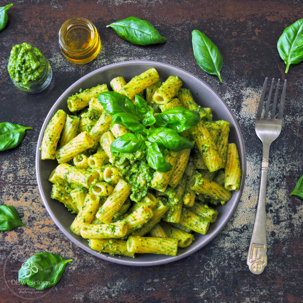bowl of basil pesto pasta